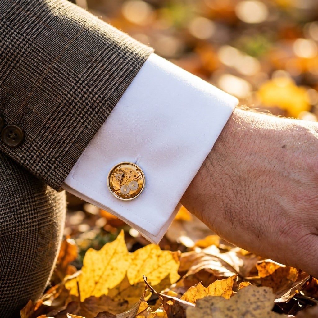 Chopard Watch Cufflinks - 007 Calibre - Gold worn on the cuff – brown check suit woodland wedding