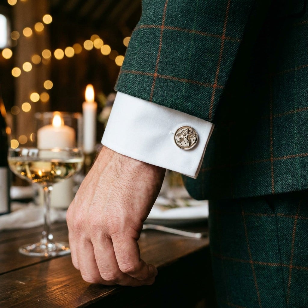 Glashuette Watch Cufflinks worn on the cuff – green tweed suit barn wedding