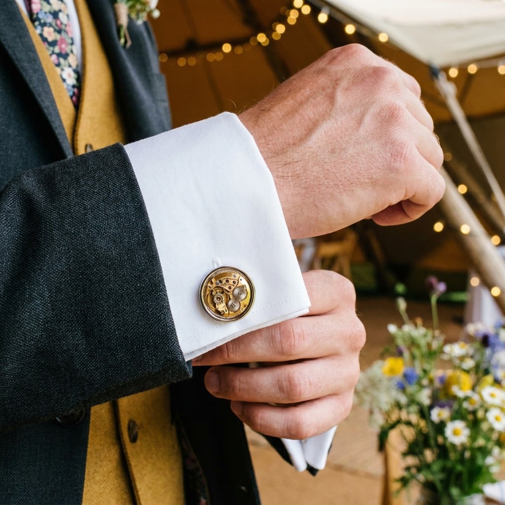 Jules Jurgensen Watch Cufflinks - Round - Gold worn on the cuff – charcoal suit tipi wedding