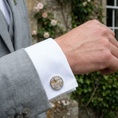 Mechanical Watch Cufflinks- Signature No. 2 worn on the cuff – light grey suit country house wedding