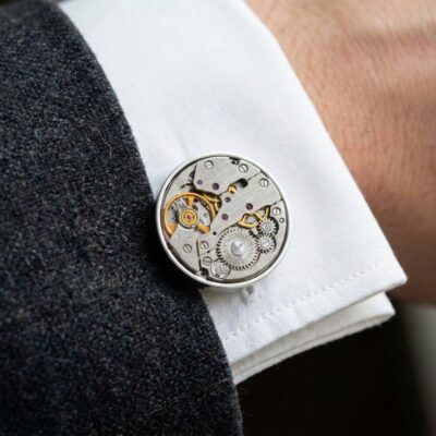 Mechanical Watch Cufflinks- Signature No. 2 worn on the cuff – macro cuff detail