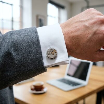 Mechanical Watch Cufflinks- Signature No. 3 worn on the cuff – grey flannel suit loft studio