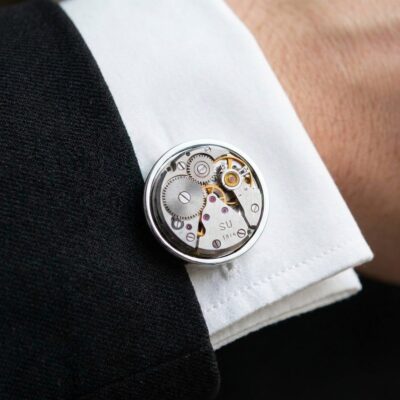 Mechanical Watch Cufflinks- Signature No. 3 worn on the cuff – macro cuff detail
