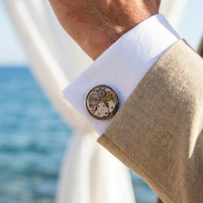 Mechanical Watch Cufflinks- Signature No. 3 worn on the cuff – tan linen suit coastal wedding