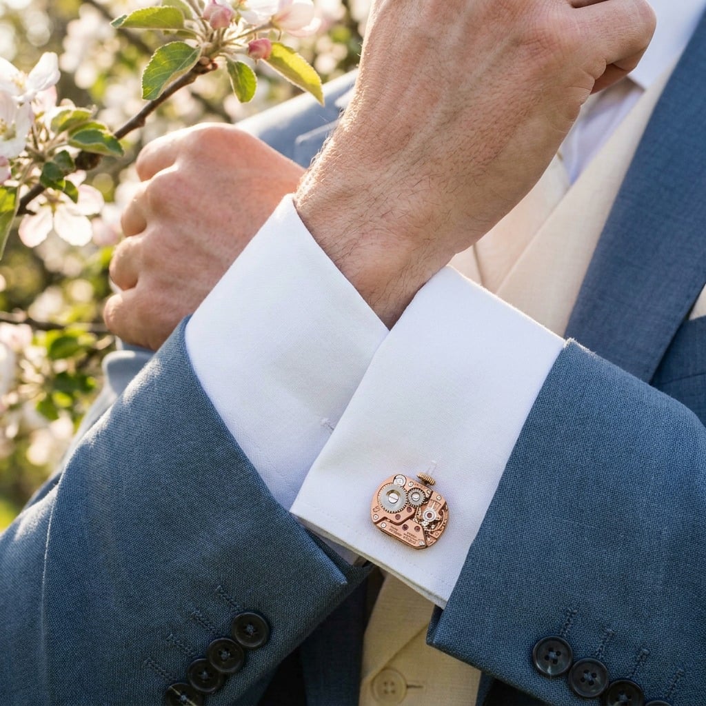 Omega Watch Cufflinks - 212 Calibre - Rose Gold worn on the cuff – dusty blue suit orchard wedding