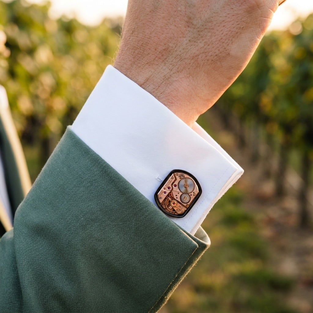 Omega Watch Cufflinks - 244 Calibre- Black worn on the cuff – sage green suit vineyard wedding