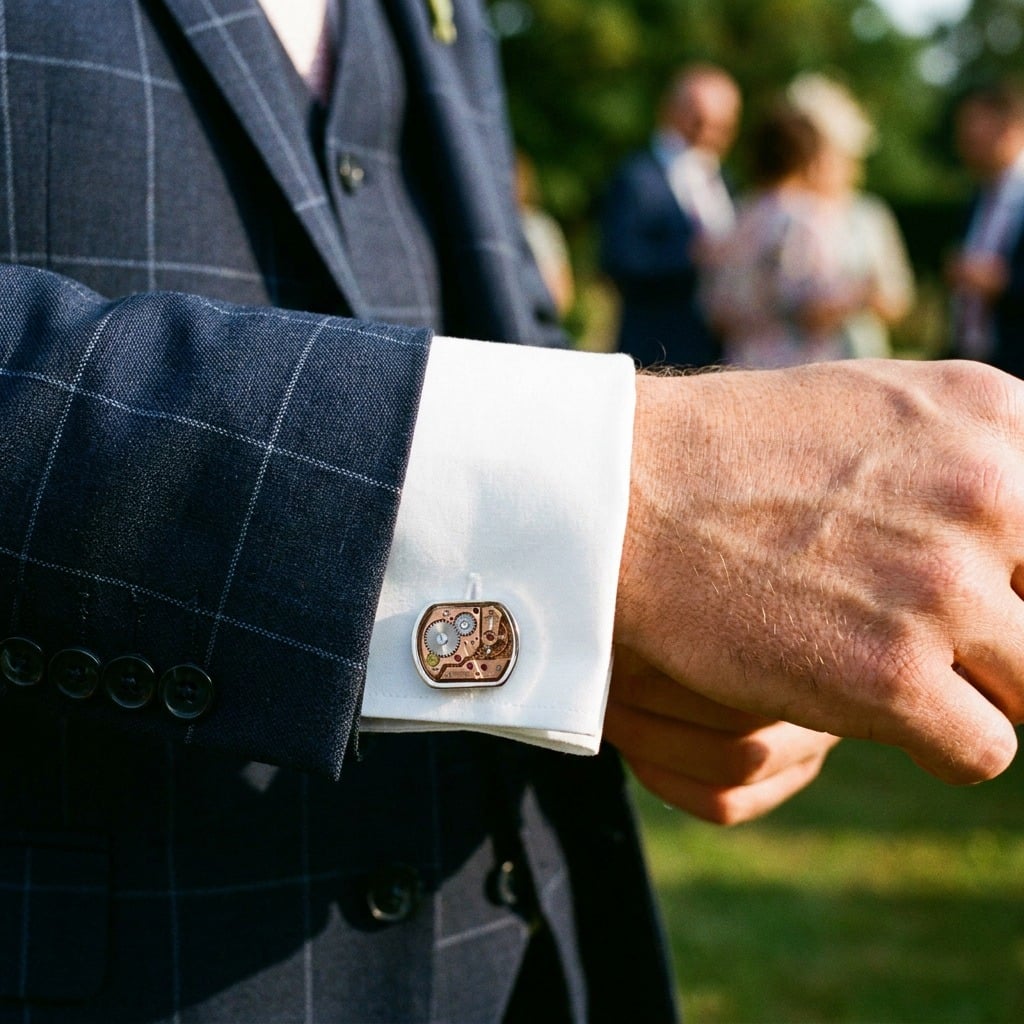 Omega Watch Cufflinks - 244 Calibre- Silver worn on the cuff – navy check suit garden wedding