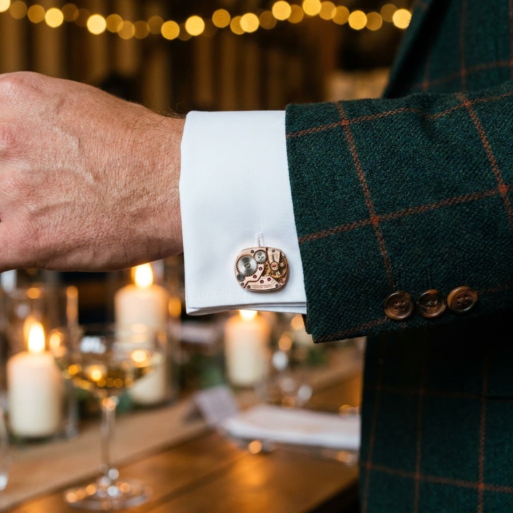 Omega Watch Cufflinks - 483 Calibre - Rose Gold worn on the cuff – green tweed suit barn wedding