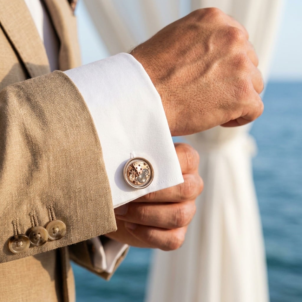 Omega Watch Cufflinks - 650 Calibre - Rose Gold worn on the cuff – tan linen suit coastal wedding