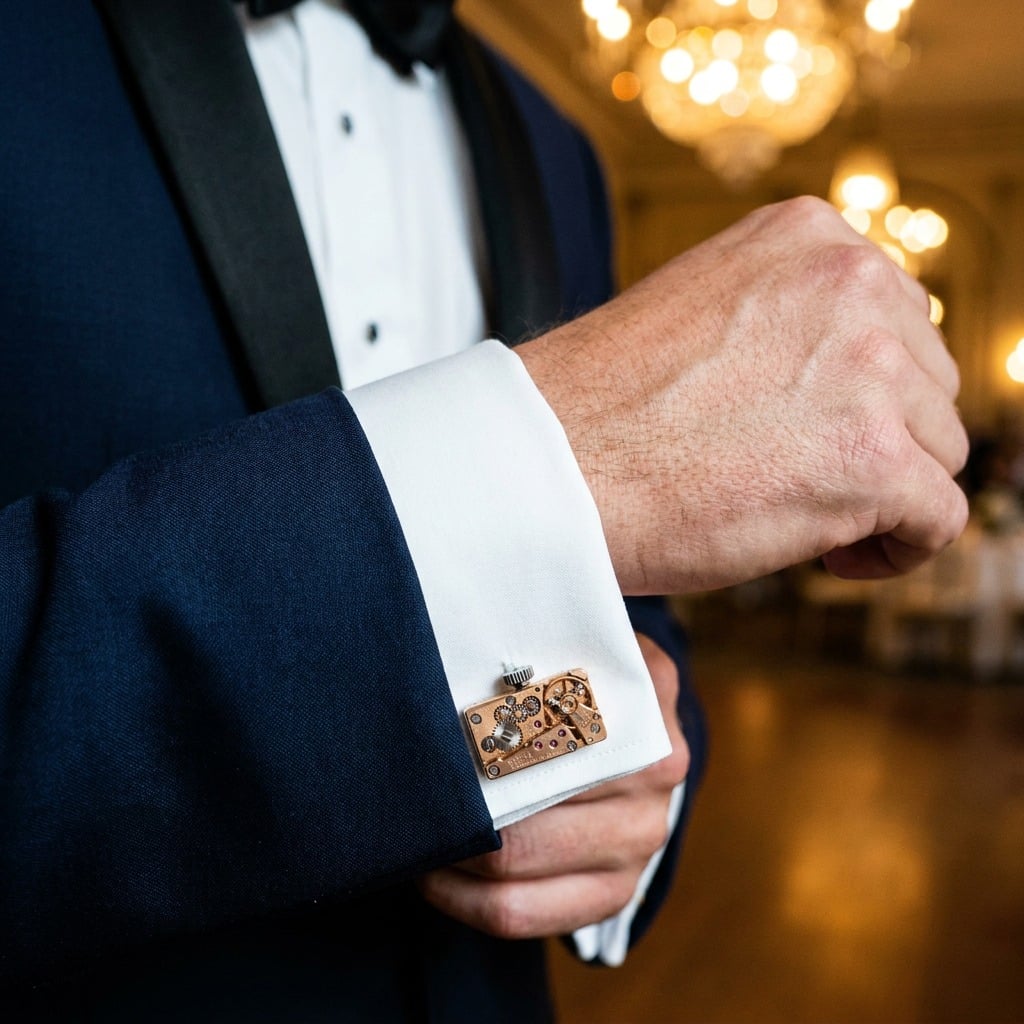 Omega Watch Cufflinks - 720 Calibre - Rectangle worn on the cuff – midnight blue tuxedo ballroom wedding