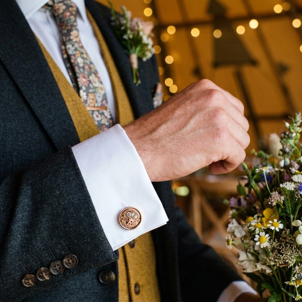 Omega Watch Cufflinks - Rose Gold - Oval worn on the cuff – charcoal suit tipi wedding