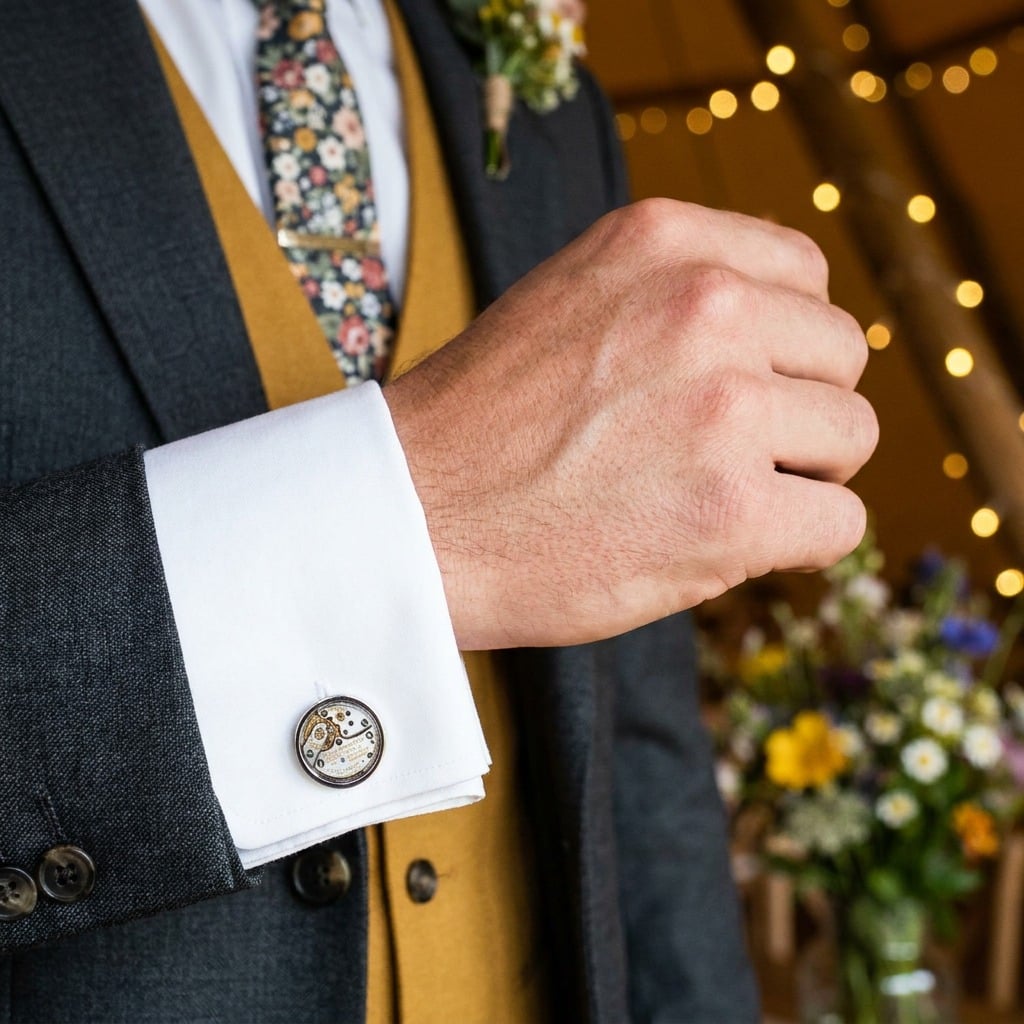 Patek Philippe Cufflinks - 20 Jewels worn on the cuff – charcoal suit tipi wedding